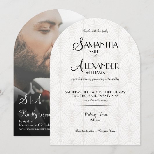 Minimalistische Art Deco Wit Zwart Foto RSVP Huwel Kaart (Voorkant / Achterkant)