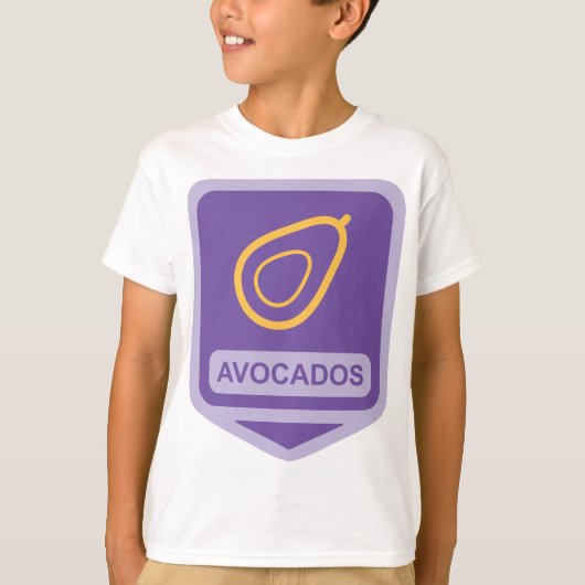 Minimalistische avocado-badge in Paarse en gouden T-shirt (Voorkant)