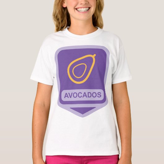 Minimalistische avocado-badge in Paarse en gouden  T-shirt (Voorkant)