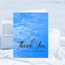 Minimalistische azuurblauwe strandtrouwfoto bedankkaart