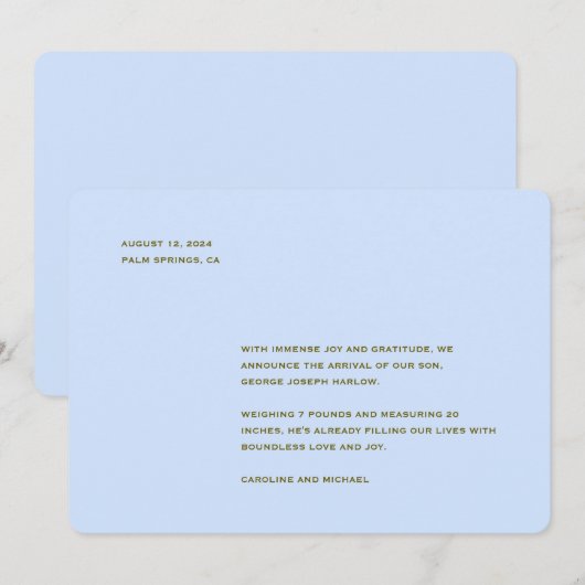 Minimalistische baby blauwe jongen geboorte aankondiging (Voorkant / Achterkant)