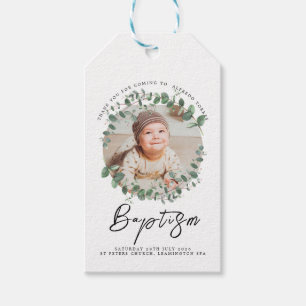Minimalistische Baby-doopuitnodiging met foto Cadeaulabel