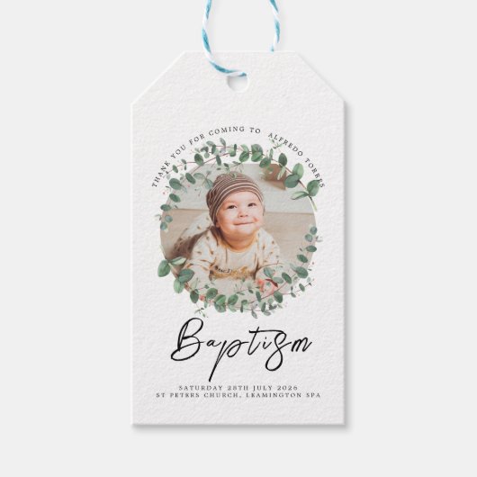 Minimalistische Baby-doopuitnodiging met foto Cadeaulabel (Voorkant)