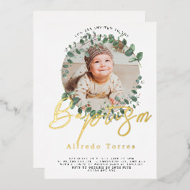 Minimalistische Baby-doopuitnodiging met foto Folie Uitnodiging