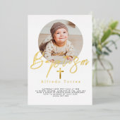 Minimalistische Baby-doopuitnodiging met foto Folie Uitnodiging (Staand Voorkant)