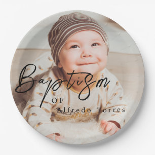 Minimalistische Baby-doopuitnodiging met foto Papieren Bordje