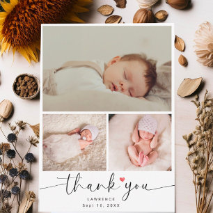 Minimalistische baby shower 3 foto collage dank je bedankkaart