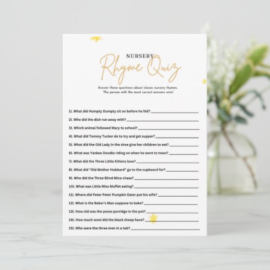 Minimalistische Baby shower Nursery Rhyme Quiz Gam Kaart (Staand voorkant)