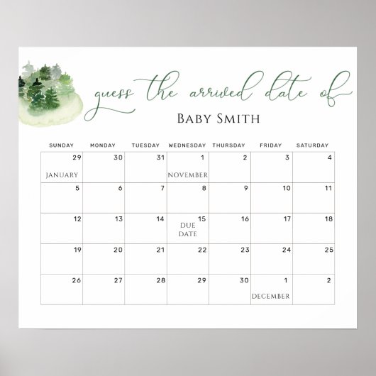 Minimalistische baby shower vermoed datum kalender poster (Voorkant)