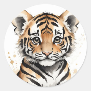 Minimalistische Baby Tiger Face in inkt en Waterve Ronde Sticker