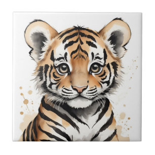 Minimalistische Baby Tiger Face in inkt en Waterve Tegeltje