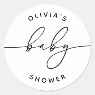 Minimalistische babyfeest. Zwarte & witte script f Ronde Sticker