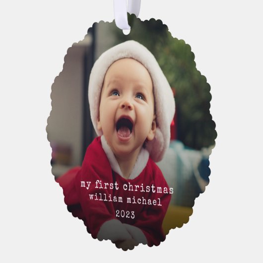 Minimalistische baby's eerste kerstfoto ornament kaart (Links)