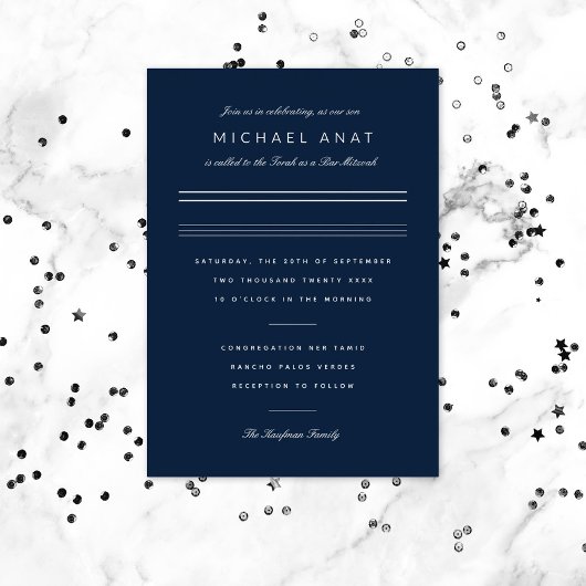 Minimalistische Bar Mitswa Navy Blau Zilver Folie Uitnodiging