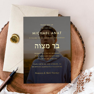 Minimalistische Bar Mitzvah-foto in goud Folie Uitnodiging