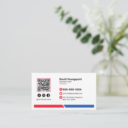 Minimalistische Barbershop Salon Social Media QR C Visitekaartje (Staand voorkant)