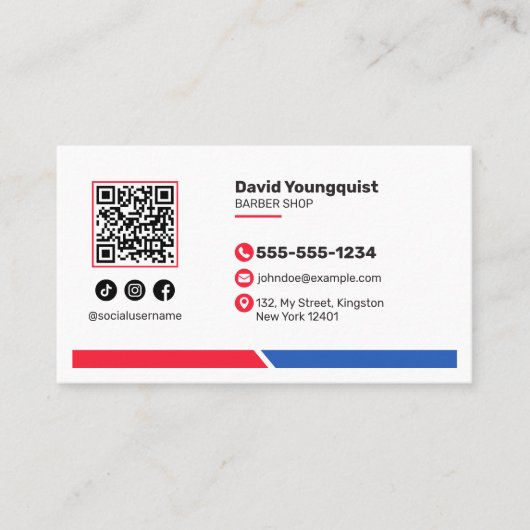 Minimalistische Barbershop Salon Social Media QR C Visitekaartje (Voorkant)