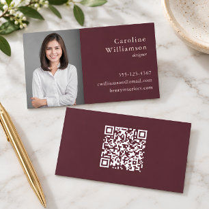 Minimalistische Basis Burgundy Zakelijke Foto QR Visitekaartje