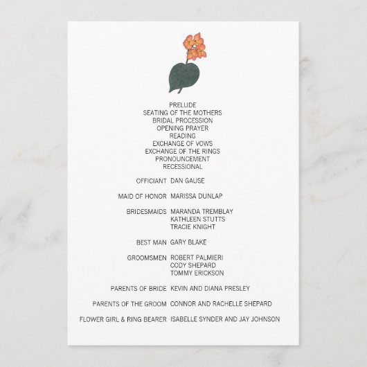 Minimalistische Begonia Flower Wedding Programmakaart (Voorkant)