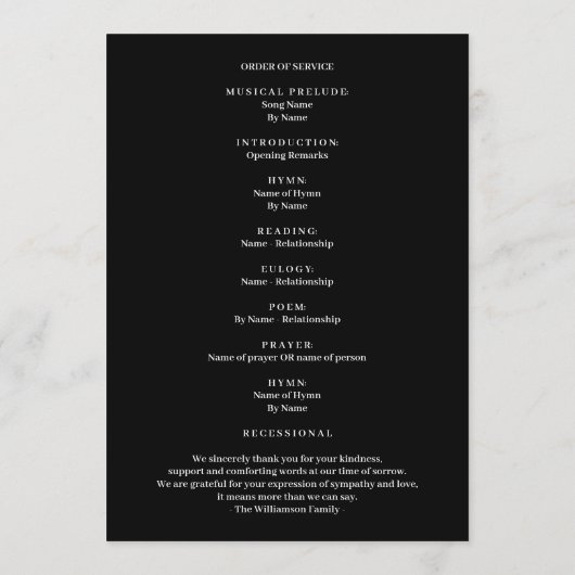Minimalistische begrafenisviering van het leven Fo Programmakaart (Achterkant)