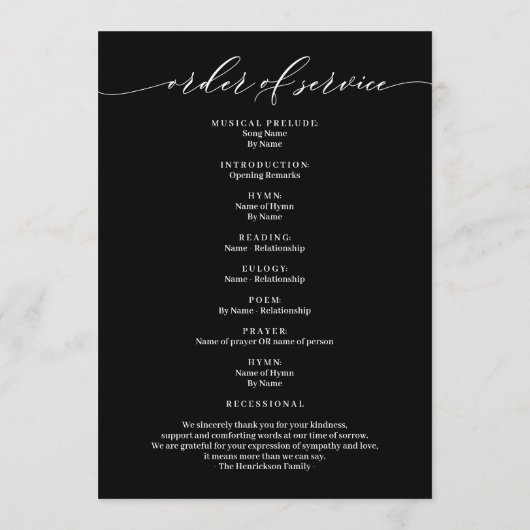 Minimalistische begrafenisviering van het leven Fo Programmakaart (Achterkant)