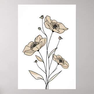 Minimalistische beige bloemlijn kunst | Moderne Bo Poster