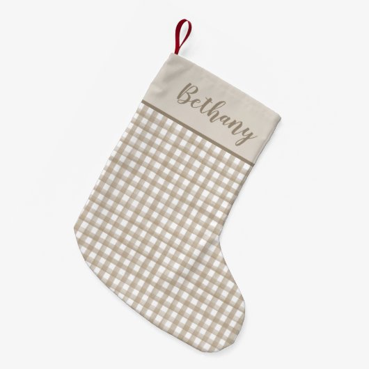 Minimalistische Beige Buffalo Plaid Kleine Kerstsok (Voorkant (Hangend))