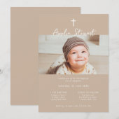 Minimalistische beige crème foto doop doop doop kaart (Voorkant / Achterkant)