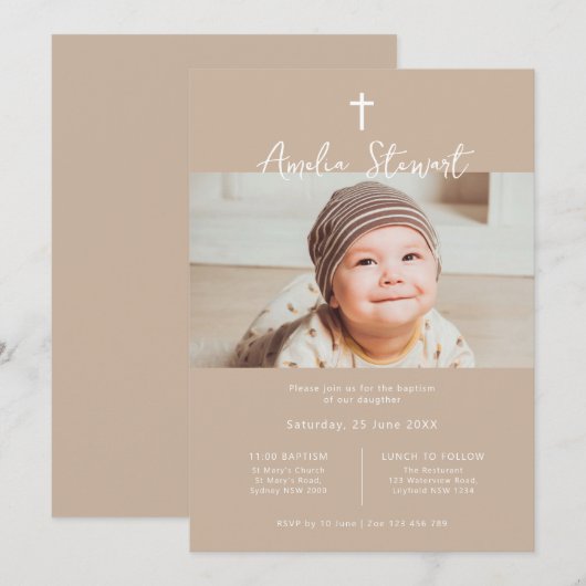 Minimalistische beige crème foto doop doop doop kaart (Voorkant / Achterkant)