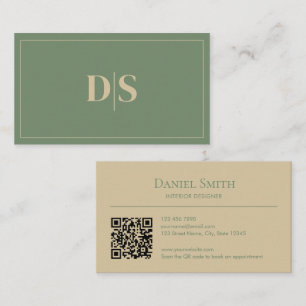 Minimalistische Beige Gedempte Groene Initiaal QR- Visitekaartje