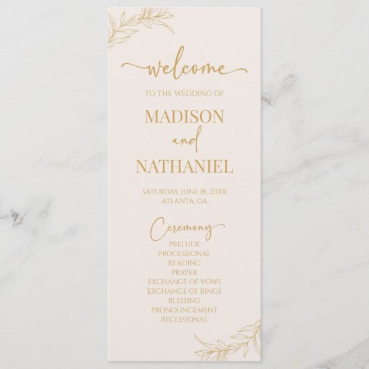 Minimalistische Beige Gouden Tak Blad Bruiloft Programmakaart (Voorkant)