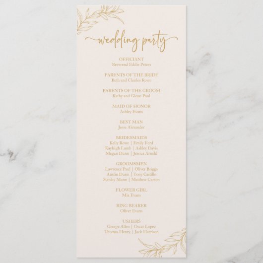 Minimalistische Beige Gouden Tak Blad Bruiloft Programmakaart (Achterkant)