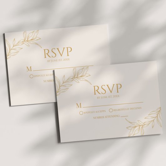 Minimalistische Beige Gouden Tak Blad Bruiloft RSVP Kaartje