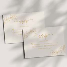 Minimalistische Beige Gouden Tak Blad Bruiloft RSVP Kaartje