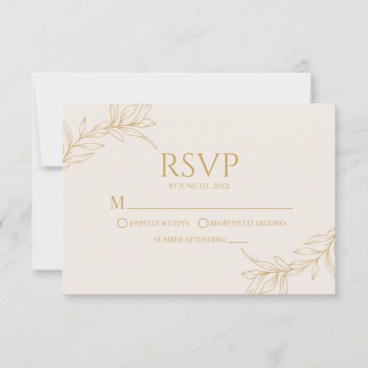 Minimalistische Beige Gouden Tak Blad Bruiloft RSVP Kaartje (Voorkant)