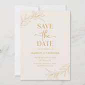 Minimalistische Beige Gouden Tak Blad Bruiloft Save The Date (Voorkant)