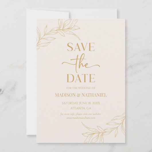 Minimalistische Beige Gouden Tak Blad Bruiloft Save The Date (Voorkant)