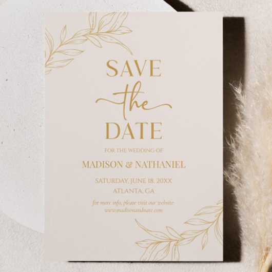 Minimalistische Beige Gouden Tak Blad Bruiloft Save The Date
