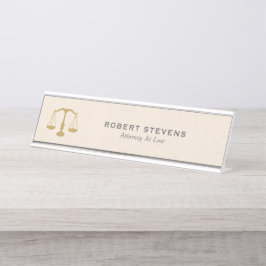 Minimalistische Beige linnen & Gold Justice Scale Bureau Naambordje