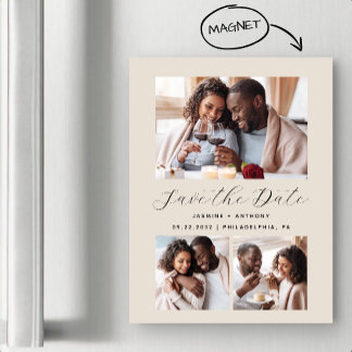 Minimalistische beige met 3 foto's magnetische uitnodiging