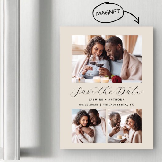 Minimalistische beige met 3 foto's magnetische uitnodiging