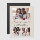 Minimalistische beige met 3 foto's magnetische uitnodiging (Voorkant / Achterkant)