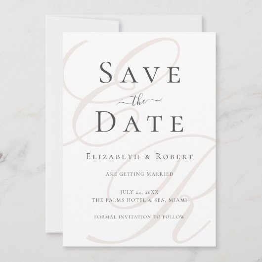 Minimalistische Beige Monogram Trouwen Save the Da Date (Voorkant)