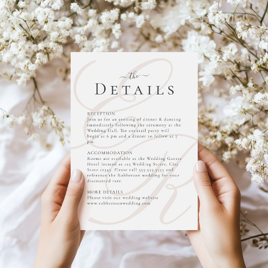 Minimalistische Beige Monogram Wedding Details Kaa Kaart