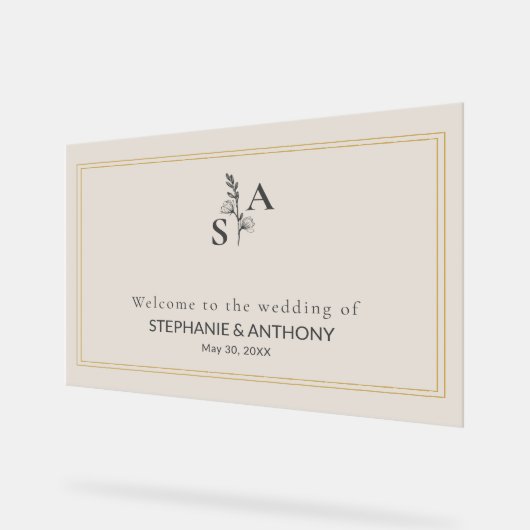 Minimalistische Beige Monogram Wilde Bloemen Bruil Acryl Bord (Hoek)