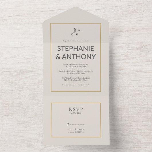 Minimalistische Beige Monogram Wildflower Wedding All In One Uitnodiging (Binnen)