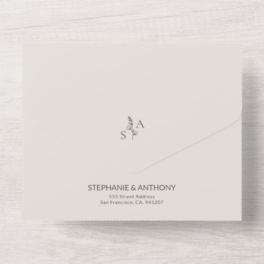 Minimalistische Beige Monogram Wildflower Wedding All In One Uitnodiging (Achterkant)