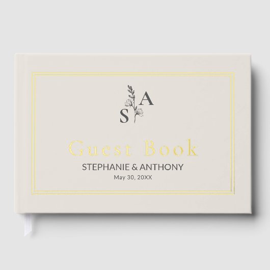Minimalistische Beige Monogram Wildflower Wedding Gastenboek (Voorkant)