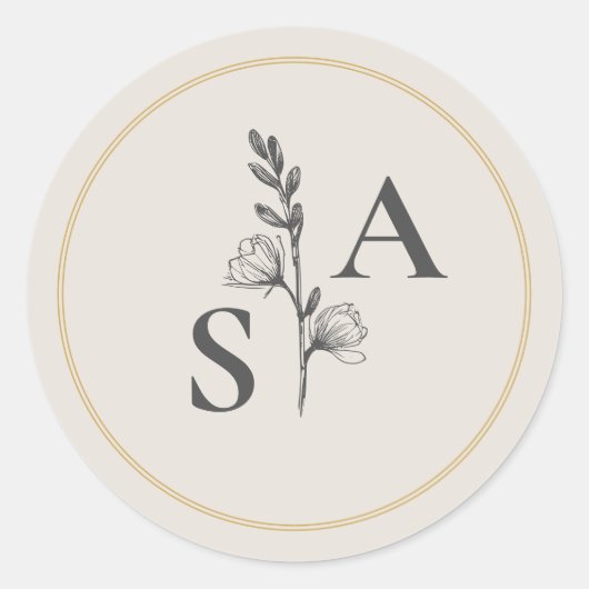Minimalistische Beige Monogram Wildflower Wedding Ronde Sticker (Voorkant)