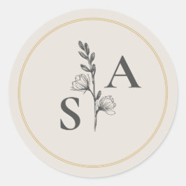 Minimalistische Beige Monogram Wildflower Wedding Ronde Sticker